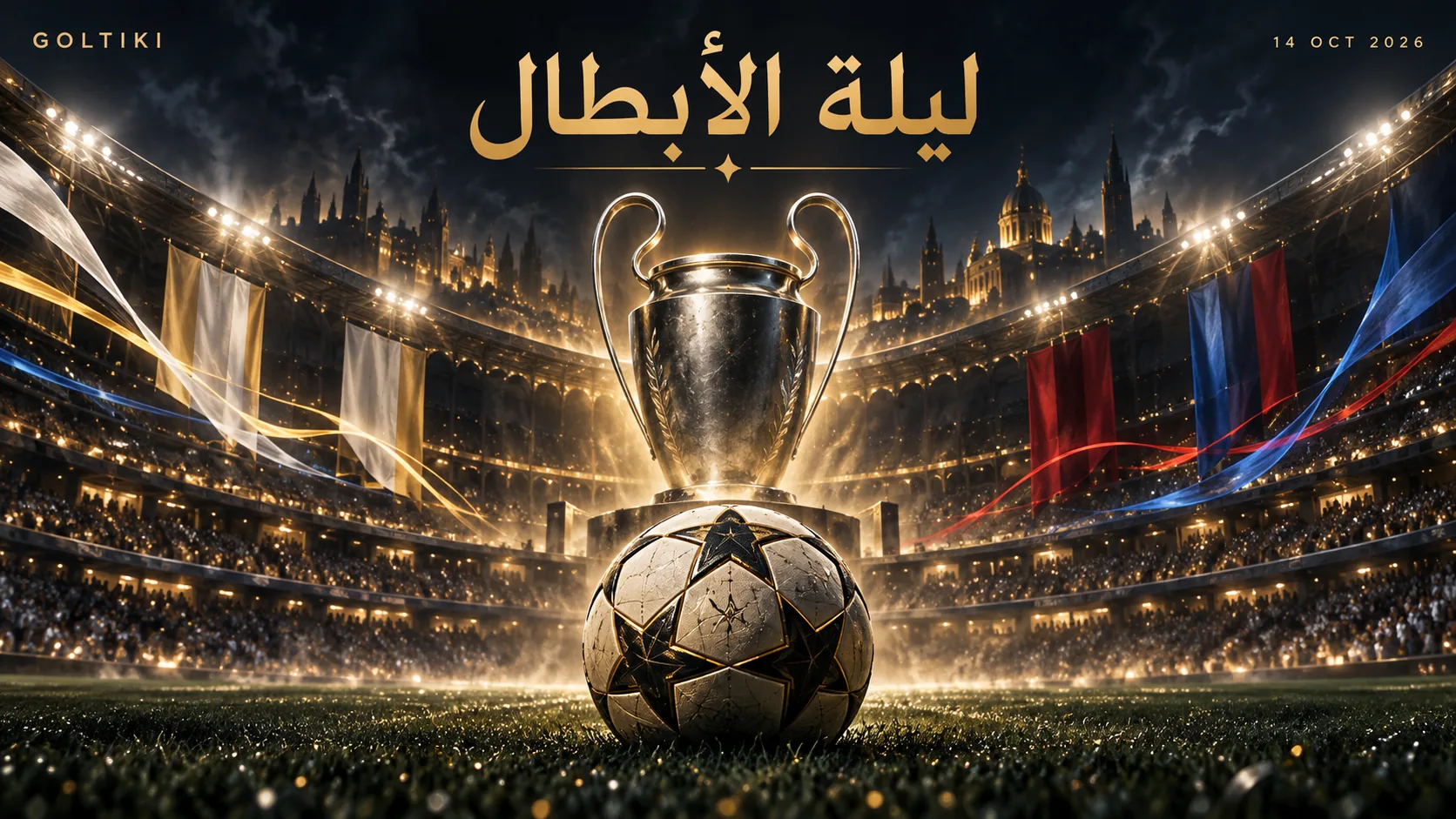 تصميم توضيحي مولّد بالذكاء الاصطناعي لكرة وكأس وأضواء ملعب مع عبارة ليلة الأبطال وتاريخ 14 أكتوبر 2026