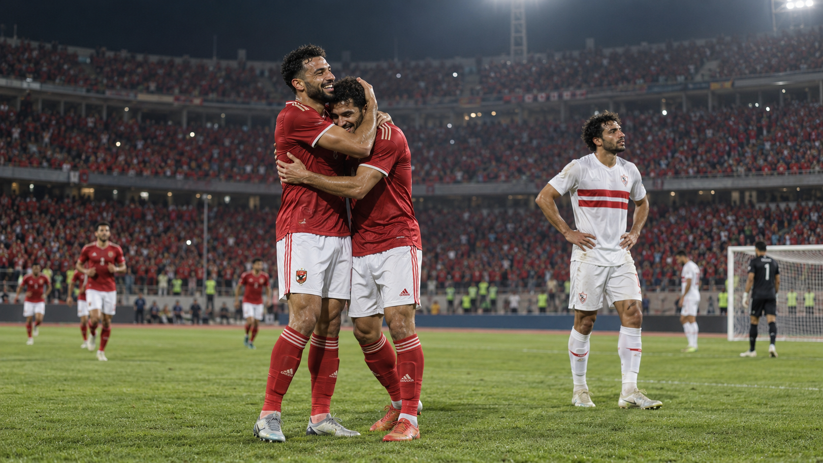 صورة مولدة توضيحية لفرحة لاعبي الأهلي ورد فعل الزمالك في أجواء استاد القاهرة ليلًا