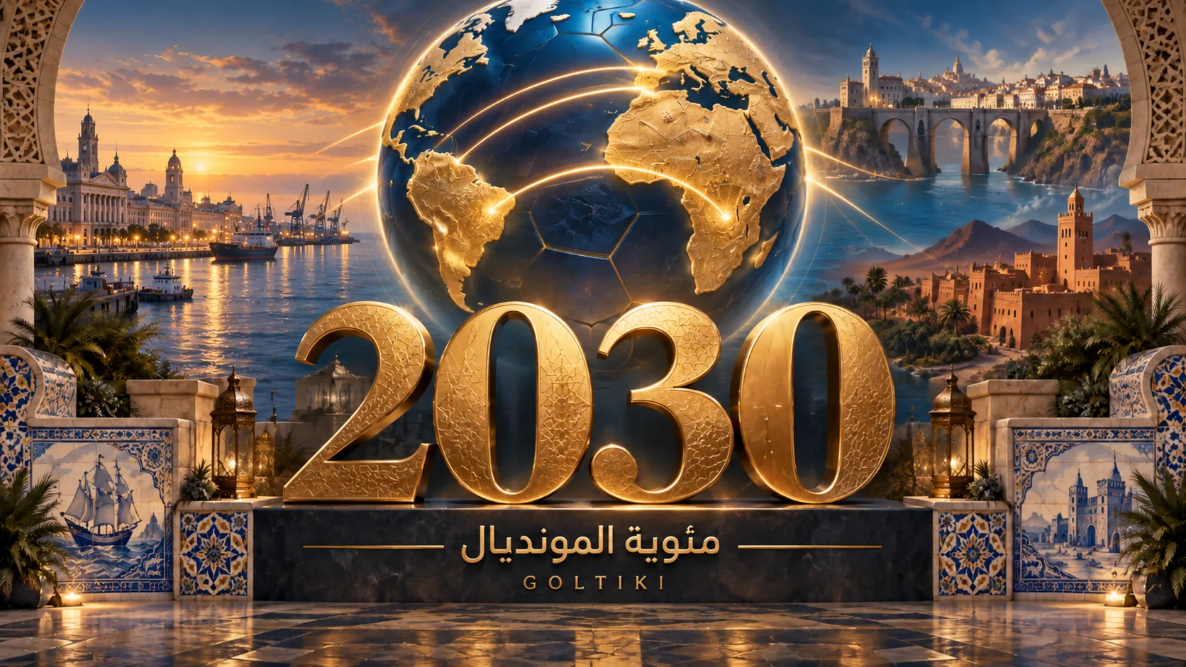 تصميم توضيحي مولّد بالذكاء الاصطناعي لمونديال 2030، يربط أفريقيا وأوروبا وأمريكا الجنوبية مع زخارف مغربية ومتوسطية