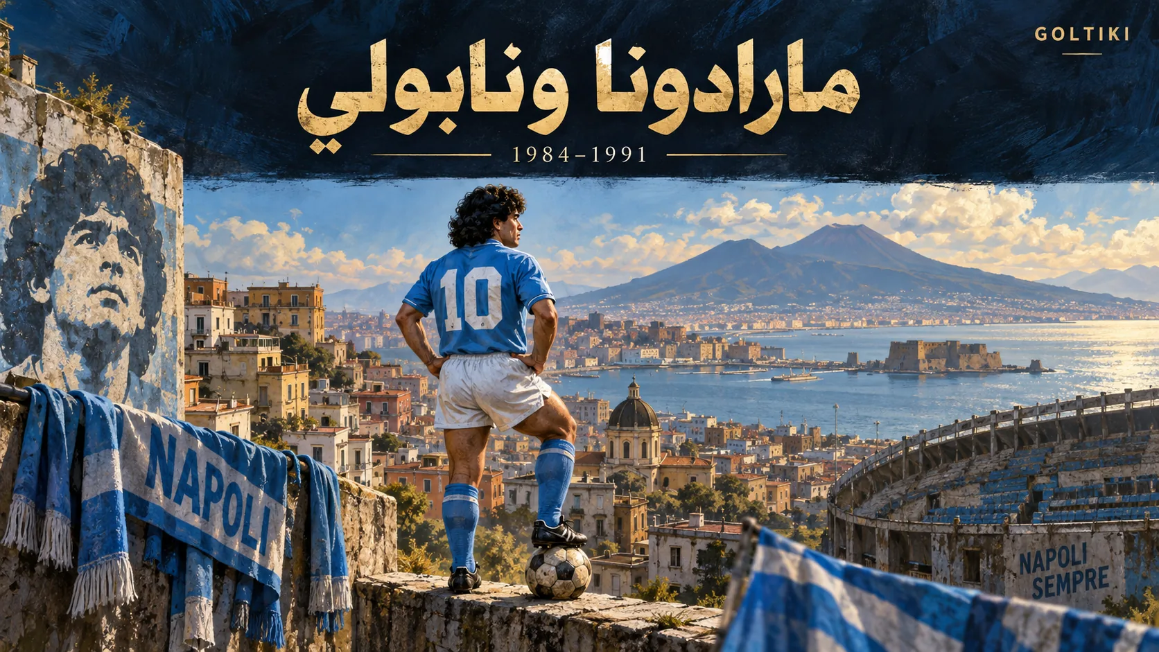 غلاف توضيحي مولّد بالذكاء الاصطناعي لمارادونا بقميص أزرق رقم 10 أمام مدينة نابولي وجبل فيزوف