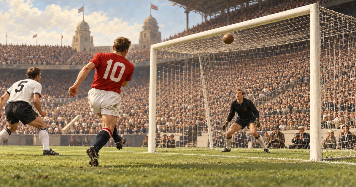 تصور فني مولّد عن نهائي إنجلترا وألمانيا الغربية عام 1966 والكرة قرب العارضة.