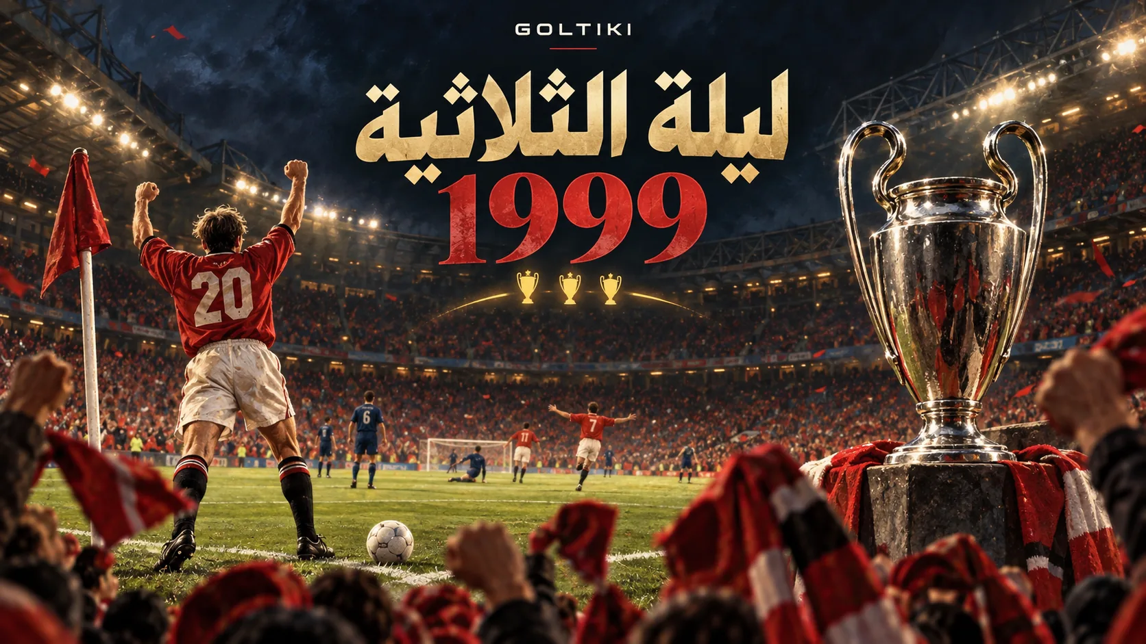 غلاف توضيحي مولّد بالذكاء الاصطناعي بعبارة ليلة الثلاثية 1999، ولاعب بالقميص الأحمر وكأس فضية وأضواء ملعب