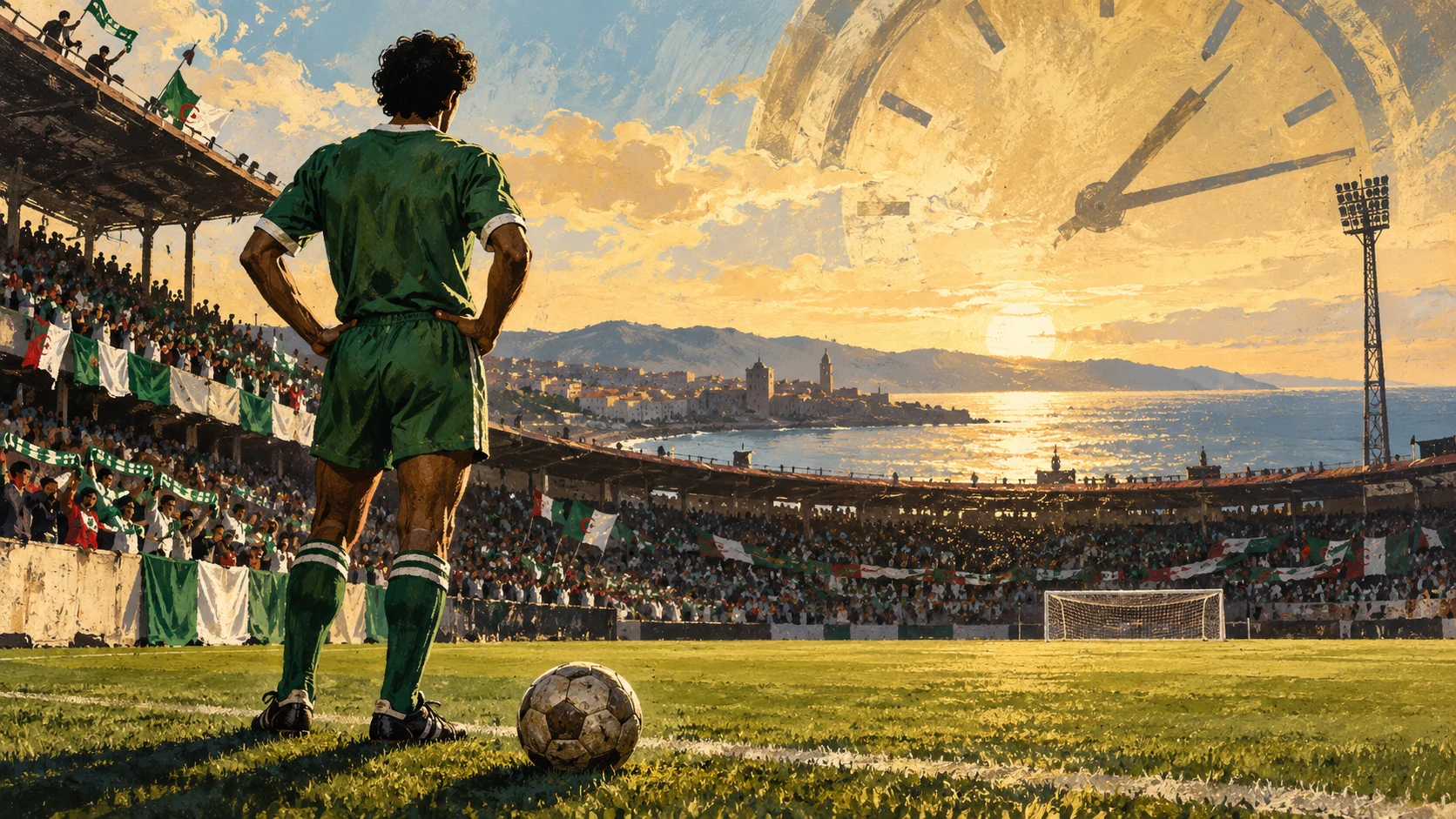 رسمة للاعب جزائري على ملعب كرة مع ساعة رمزية وألوان الجزائر.